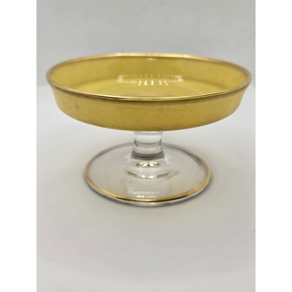 Yellow Depression Glass Pedestal Cheese Compote 4.75" Gold Edging Candy/Nut Dish - Picture 13 of 16